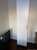 Tall white cabinet closed, showing full height and single door.
