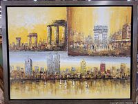 Full view of the original oil painting divided into three panels showing cityscapes, framed in a wood frame with some visible scratches.