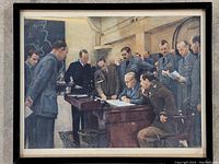 Full view of the framed vintage artwork showing a military conference scene with officers around a desk.