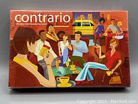 Front view of the Contrario card game box showing colorful cartoon-style illustration of people at a cafe, with the game title in white text.
