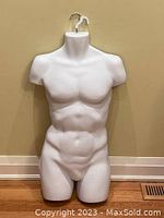 Front view of the bright white male torso mannequin body with muscular definition and hanging hook on top.