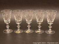 Five Hungarian crystal dessert wine glasses displayed in a row, showing the clear glass with pinwheel cut pattern and faceted stems.