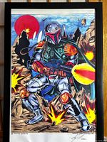 Framed artwork of Boba Fett in action, colorful comic-style with explosions, in a black frame.