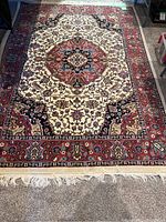 Full view of the rectangular area rug laid flat on floor showing overall pattern and fringe.