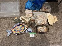 Overview of the lot including various bags and boxes filled with seashells, a large natural shell, the ceramic fish-shaped dish, and the ceramic dolphin figurine arranged on carpet.