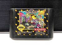 Front label of 'Zip 'n' Zap in Hip City' Sega Genesis cartridge showing colorful graphic of cartoon leopard on skateboard and Kaneco branding.