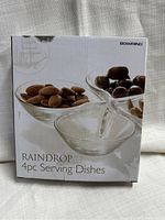 Box front showing Bowring brand and raindrop 4-piece serving dishes set with nuts inside dishes