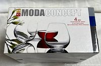 Box of Moda Concept Stemless Wine Glasses showing product branding and design