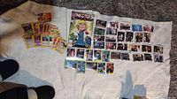 Overview photo of all items including Pokémon cards, Masters of the Universe comic, and multiple collector cards from Teenage Mutant Ninja Turtles and Batman.
