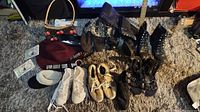 Full lot overview showing multiple pairs of shoes in sizes 7 to 9, boots, sandals, wool hat, handbags, and accessories