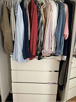 Clothing rack with assorted men's shirts including light blue, red, plaid, tan, cream, striped, and denim shirts.