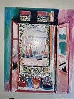 Colorful painting of an open window with pots and boats outside, framed with glass.