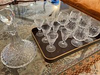 Tray showing all six brandy glasses, six aperitif glasses and decanter with stopper