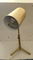 Front view of gold desk lamp with bulb and adjustable arm on tripod base