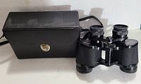 Vintage Sears binoculars with textured black finish and adjustable eyepieces alongside black carrying case with strap and metal clasp.