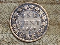 Reverse side of the coin showing the inscription ONE CENT 1888 surrounded by maple leaves and beaded border