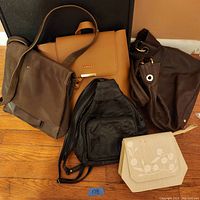 Photo showing all five assorted women's purses together on the floor: tan Lulu purse, dark brown handbag, black backpack purse, dark brown crossbody purse, and cream-colored embroidered purse.