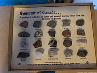 Framed souvenir display titled 'Souvenir of Canada' showing 20 labeled native and mineral-bearing rocks from Ontario, including gold, uranium, galena, silver, iron, and others.
