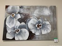 Front view of the large flower painting with white petals and brown centers on a gray and brown textured background.