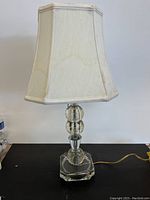 Full view of crystal glass lamp with fabric shade showing overall condition and size