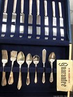 Full view of the cutlery set in the blue velvet case showing knives, forks, spoons and a guarantee card.