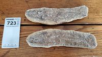 Two halves of fish fossil lying flat on wooden surface, showing scale details and texture.