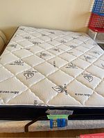 Full top view of queen size mattress showing aloe vera pattern quilting on white fabric.