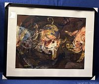 Full view of the framed artwork showing three pig figures in abstract style on dark background.