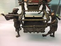 Front and side views of bronze sculpture showing two Asian figures carrying a rectangular cart with bamboo-like details.