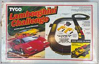 Photo of the full Tyco Lamborghini Challenge box showing race track layout and set features.