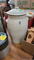 Full front view of the large crock with lid showing the number 8 marking and general size.