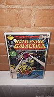 Front cover of the comic book showing vibrant illustration of Battlestar Galactica spaceship firing lasers with explosions, marked Marvel Comics Group, issue #1, 35¢ price.