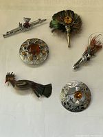 Overview of six assorted vintage brooches on display including round stone brooches, feathered animal brooches, and bar pin.