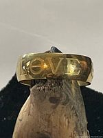 Front view of gold tone band ring with 'LOVE' engraved on the outer surface.