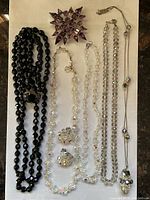 Full group photo showing all jewelry pieces: black jet double strand necklace, multiple clear crystal necklaces with matching earrings, silver-tone necklace with drop pendant, and purple glass brooch.