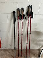 Five walking sticks leaned against a white cinder block wall in a garage setting. Four red Rockwater Designs sticks with cork handles and one black Hammers stick with a rubber handle. All are telescoping adjustable type with wrist straps.