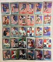Front view of 30 parallel baseball cards showing players in front of flags of their countries, arranged in a grid layout.