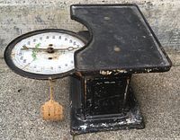 Side view of the black metal antique bathroom scale showing the large circular dial with weight measurement up to 300 lbs.