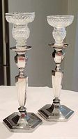 Pair of Forbes Silver Co. quadruple plate candlesticks with clear cut crystal inserts on top. Each has hexagonal bases and faceted stems.