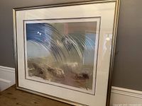 Framed abstract print with dynamic white curved strokes across blue and earthy tones, signed by A. Dimitrov, in good condition