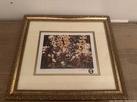 Framed artwork showing entire print and frame, with golden ornate frame and matting around the print depicting flowers.