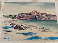 Full view of unframed watercolor painting mounted on board with tape marks and stains