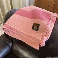 Folded rose pink wool blanket showing the Earlys Whitney Point label and color pattern.