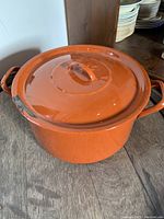 Photo of large burnt umber enamelware cook pot with lid, showing exterior and lid condition.