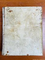 Front cover of vellum bound book showing patina and brown spotting