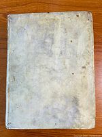 Front cover of vellum binding showing decorative stamping, staining, and wear