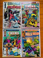 Four comic books arranged in two rows: Questprobe Spider-Man #2, Marvel Two-In-One #24, Marvel Two-In-One #89, Marvel Team-Up #105.