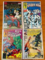 Front covers of four Spectacular Spider-Man comic books, issues #9, #100, #199, #209 showing colorful spider-man themes and guest characters.