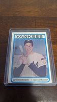Front of 1972 Joe DiMaggio baseball card showing player image and team info.