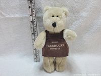 Full view of the cream-colored teddy bear wearing a brown Starbucks Coffee Co. apron with the measurement scale showing the bear's height around 9 inches.